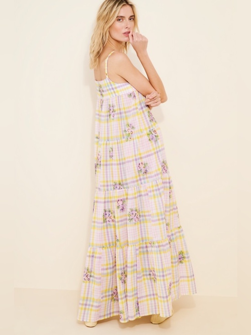 PAYAL PRATAP Mixed Print Tiered Maxi Dress Plaid Floral Sundress Sz: L